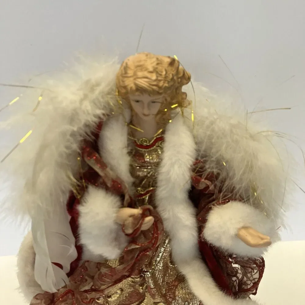 Angel Tree Topper Porcelain Head Christmas Red Gold 13